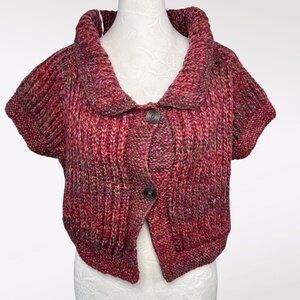 Cropped Chunky Knit Cardigan NWT Rowan Purelife Marled Red Short Sleeve S M